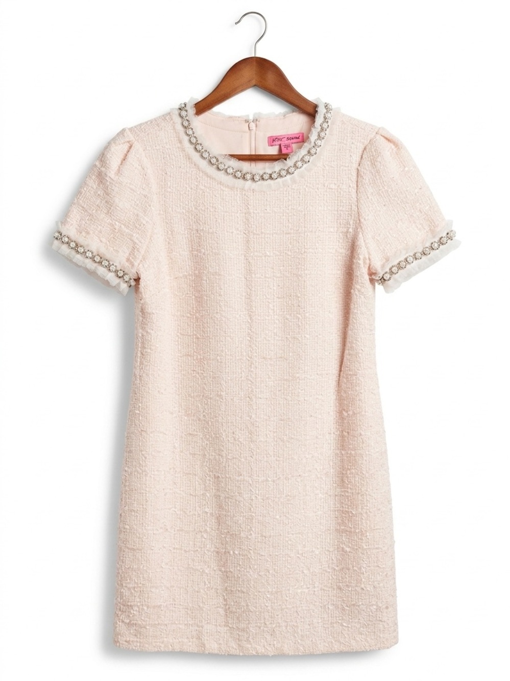 Betsey Johnson Pink Pearl Trim Bouclé Tweed Shift Dress 8 Barbiecore
